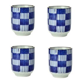 4Pcs Japanese Style Blue White Blocks Ceramic Teacups Small Straight Wine Cups 150ML